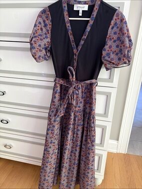 10 Crosby Derek Lam Black Bodice Blue and Rust Floral Midi Dress